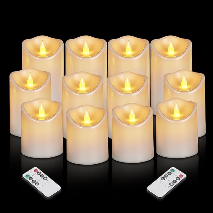 Flameless Candles 4" 5" 6" Outdoor Indoor Pillars Battery Operated Flickering Candles Include 10-Key Remote Timer 400+ Hours by 2 AA Batteries (White Candle - Warm light, 3"D x 4"|5"|6" H - 12 Pack)
