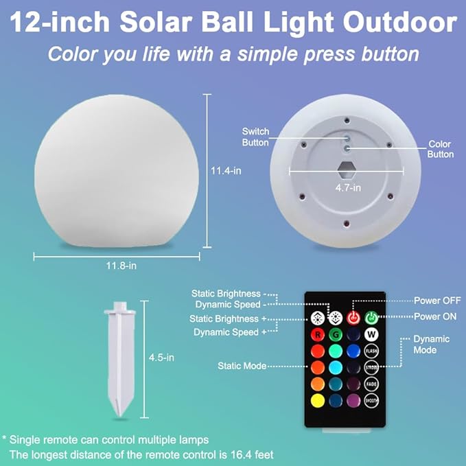 12-in Solar Garden Globe Light Outdoor, Solar Glowing Ball Light w/Remote, 16 RGB Color Changing Waterproof Large Outdoor Orb Lamp, Landscape Lighting Mood Lamp w/Ground Stake for Patio Yard Lawn Path