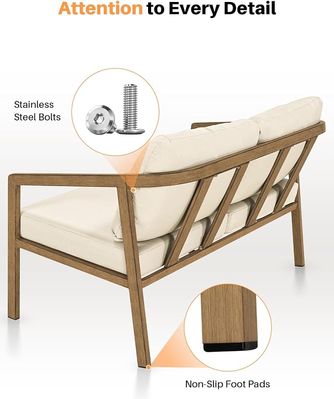 Teak Outdoor Patio Loveseat, Never-Rust Aluminum Outdoor Loveseat Couch with Thick Cushions, Modern 2-Seater Patio Sofa Bench, Outdoor Sofa Loveseat Furniture for Deck, Poolside
