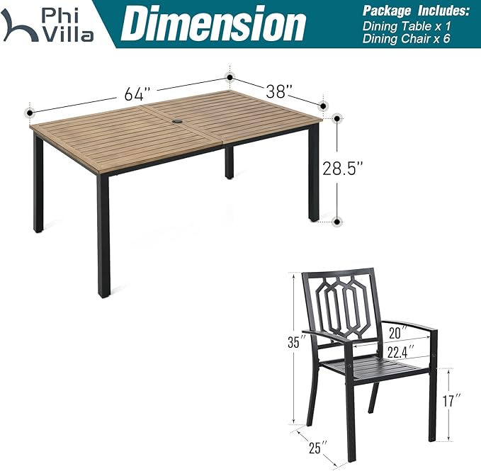 PHI VILLA 7 Pieces Outdoor Dining Set for 6, 65” Brown Wood-Like Metal Steel Table & Stackable Black Iron Chairs, Outside Furniture Set with Umbrella Hole for Patio, Deck, Yard, Porch