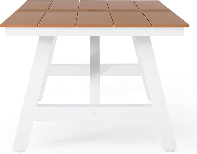 Costaelm Rectangle Patio Table, 8-Person Backyard Table 90" HDPE Dining Table with Umbrella Hole and Metal Frame for Outside, Garden, Poolside, Deck, Porch, Balcony, Teak