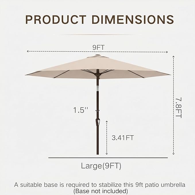 Kingdura 9FT Outdoor Patio Umbrella, Market Table Umbrella with Push Button Tilt and Crank, 8 Sturdy Fiberglass Ribs, UV Protection for Pool, Lawn, Deck, Backyard, Garden (Beige)
