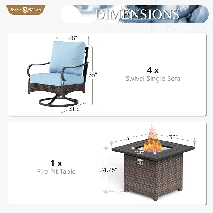 Sophia & William Patio Furniture Set with Fire Pit Table, 5 PCS Metal Outdoor Conversation Set Sofa Couch with Fire Pit Table, 4 Swivel Chairs for Outdoor Seating, Backyard, Porch(Blue)