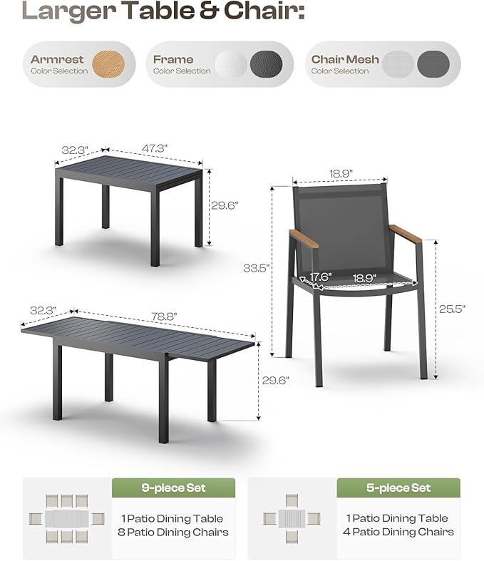 Outdoor Aluminum Patio Dining Table Set for 8 Person, Expandable Outdoor Table and 8 Chairs with Textilene Fabric & HDPS Armrest, All-Weather Patio Furniture Set for Yard, Deck, Gray