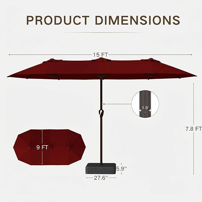 Kingdura 15ft Large Patio Umbrella with Base Included, Double-Sided Rectangle Outdoor Table Umbrella with 12 Reinforced Ribs, Crank Lift for Market Pool Deck Backyard, Dark red