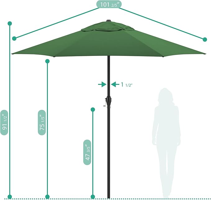 Sunline 9 ft Patio Umbrella with Crank & Push Button Tilt, Outdoor Market Umbrella with UV Protection & Wind Vent, Metal Frame for Deck, Pool & Table, Hunter Green