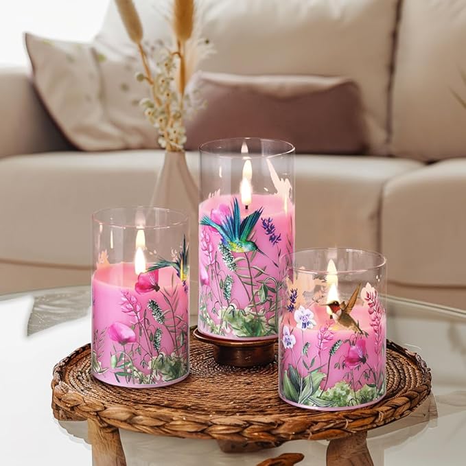 Eywamage Pink Hummingbird Floral Glass Flameless Candles with Remote, Flickering Battery LED Pillar Candles Set of 3, Spring Home Decor