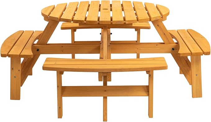 HRVEOCEI 8-Person Round Picnic Table with 4 Built-in Benches & Umbrella Hole, Wooden Picnic Tables for Outdoors, Patio, Backyard, Garden, 70"X70"X27.5'', 2220 lb Capacity (Round, Natural, 8-Person)