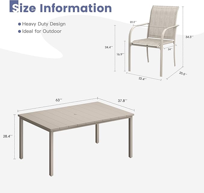 VICLLAX 7 Pieces Patio Dining Set, Patio Furniture Set of 6 Patio Stackable Dining Chairs and Outdoor Metal Table with Umbrella Hole for Backyard Lawn Garden, Sandshell Chairs and Sandshell Table