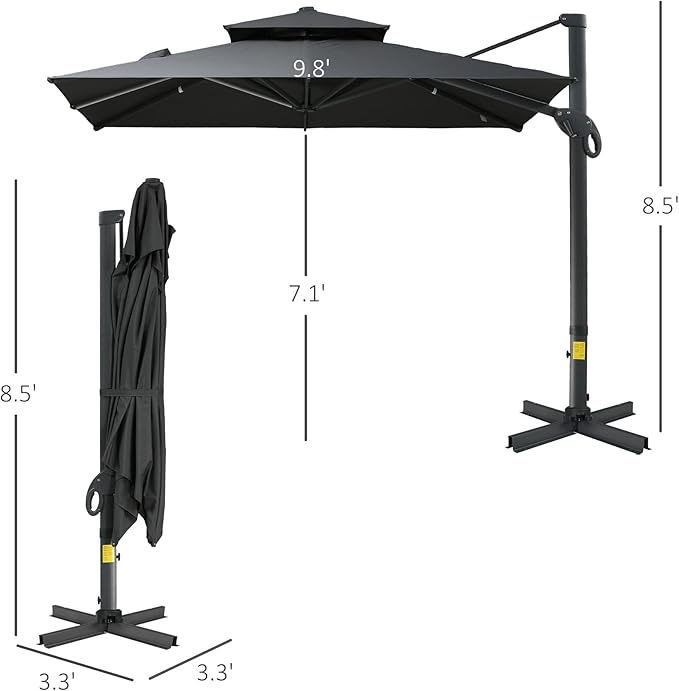 GOWE 10ft Offset Patio Umbrella, Hanging Cantilever Umbrella, Square Shape, Aluminum Cross Base, Tilt, 360-Degree Rotation, Gray