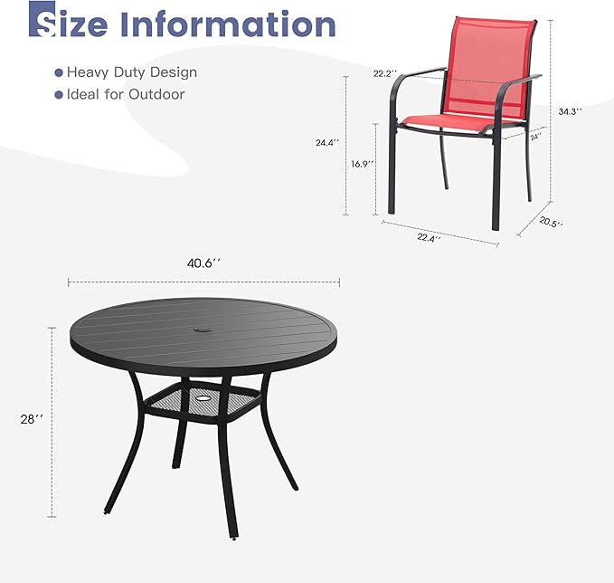 VICLLAX Round Outdoor Dining Set, Patio Table and Chairs Set Set of 4 Patio Stackable Chairs and 40.6" Outdoor Round Table with Umbrella Hole for Backyard Lawn Garden, Red Chairs and Black Table