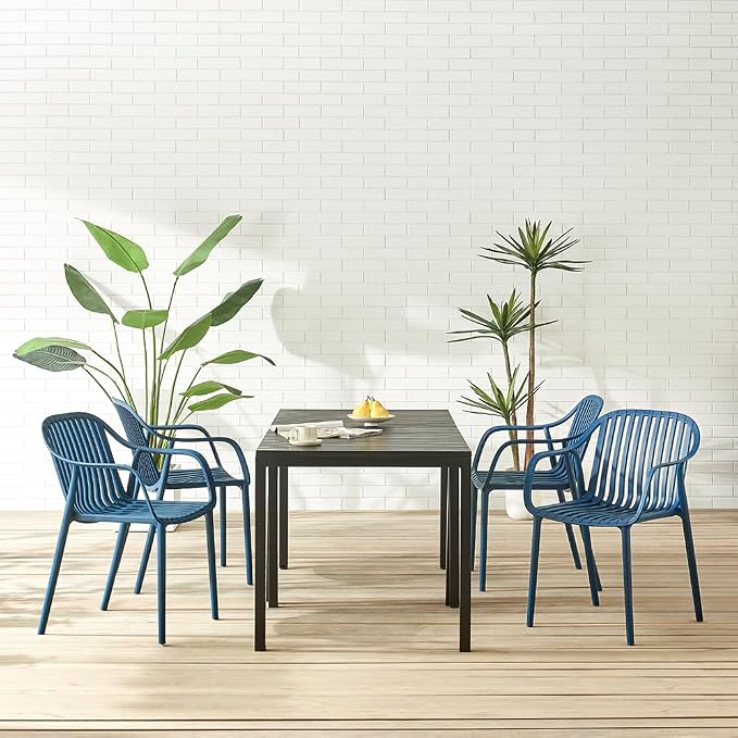 Plastic Outdoor Dining Table with Metal Legs, Weather Resistance, Home Patio Table, Restaraunt Outdoor Table, Quick Assembly (Black)