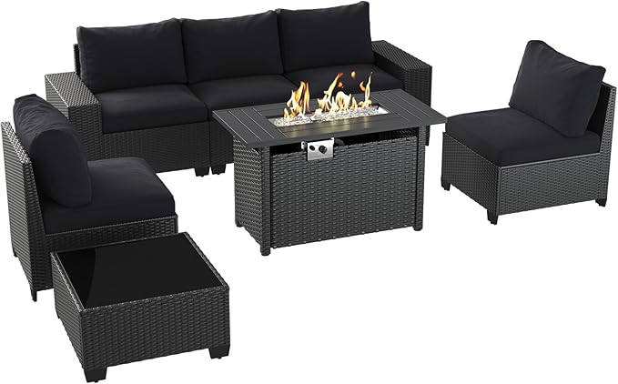 Aoxun Patio Furniture Set with 44'' Fire Pit Table, 7 Pcs Outdoor Patio Furniture Sets with 4in Thicken Cushion, Widen Armrests Wicker Outdoor Sectional for Backyard