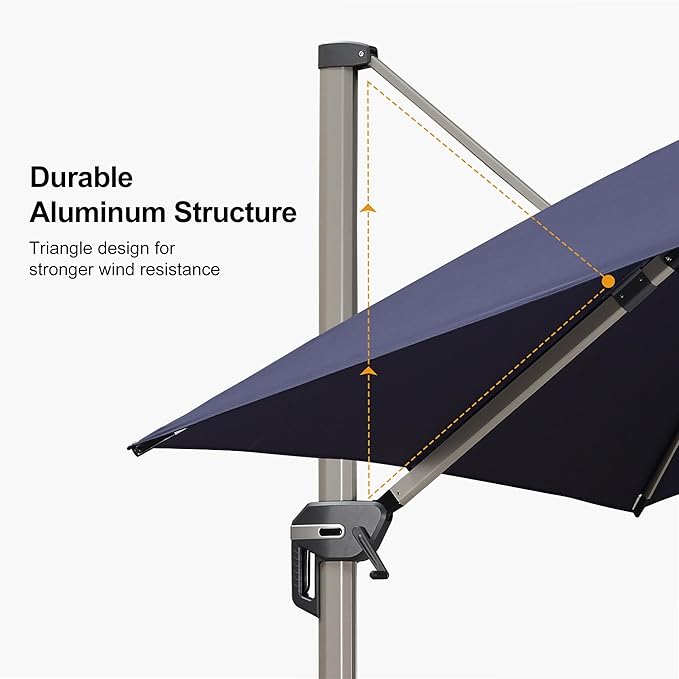 PURPLE LEAF 10’ X 10‘ Patio Umbrella Outdoor Cantilever Umbrella, Aluminum Offset Umbrella with Champagne Frame and 360° Rotation for Pool Deck Garden, Navy Blue