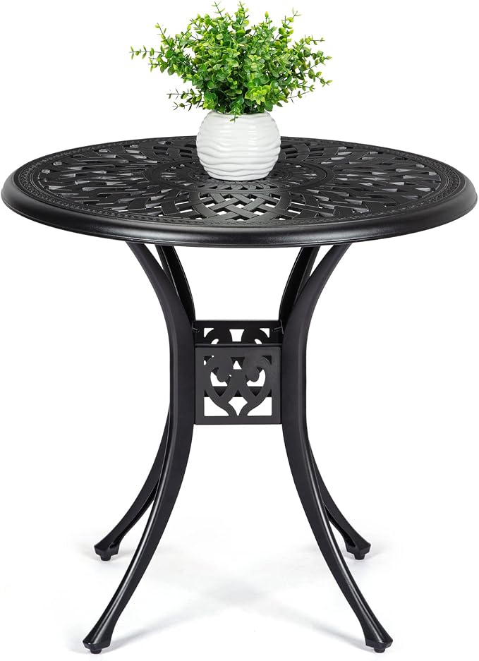 30.25" Round Cast Aluminum Patio Bistro Table, Bistro Table with Umbrella Hole, Outdoor Side Table, for Porch, Backyard, Garden, Balcony, Black
