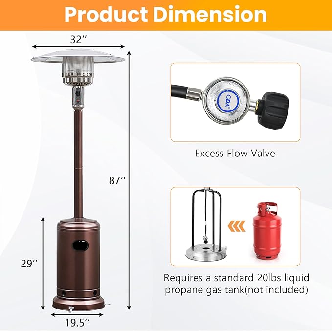 HAPPYGRILL Patio Heater, 48,000 BTU Outdoor Propane Heater with Wheels, Reflective Cover, Triple-Over Protection, Portable Stainless Steel Patio Heater for Outdoor Use Garden, Bronze