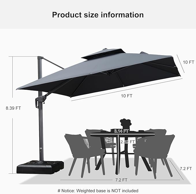 PURPLE LEAF Cantilever Patio Umbrella with Base 10FT Large Double Top Square Offset Outdoor Umbrella with 360°Rotation Hanging Tilting Umbrella Outdoor Grey