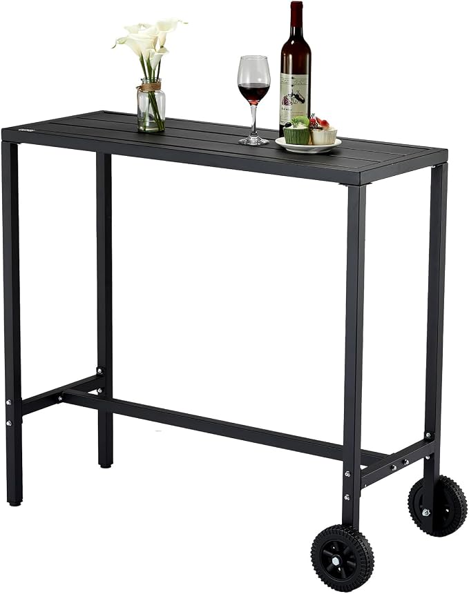 GarveeHome 39 Inch Outdoor Bar Table, Counter Height Table with Wheels & Adjustable Leveling Feet, Portable Black Bar Table for Kitchen, Patio, Balcony, Home Bar