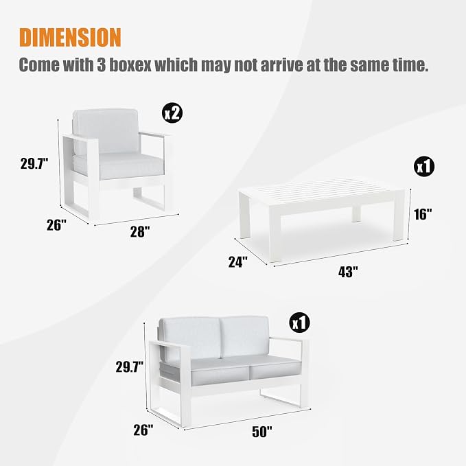 4 Piece Modern Aluminum Patio Furniture Set, Outdoor Patio Sectional Conversation Metal Seating Sets with Olefin Cushion and Coffee Table