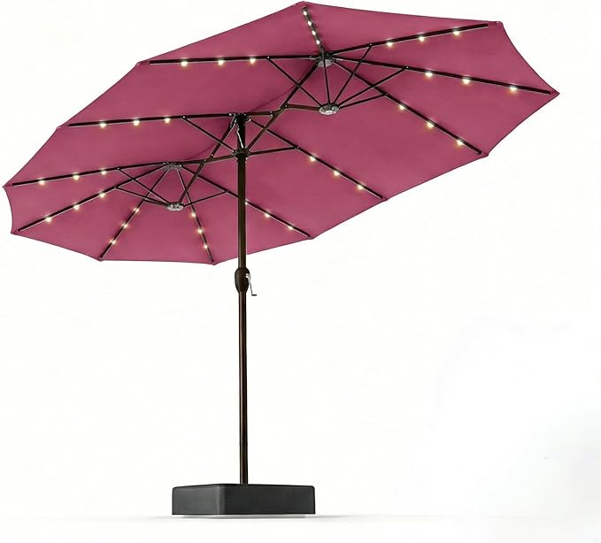 15FT Patio Umbrella with Solar Lights, Double-Sided Extra Large Outdoor Table Umbrella with Base Included, Heavy-Duty 12 Iron Ribs Market Umbrella for Garden, Pool, Backyard, Rose Pink
