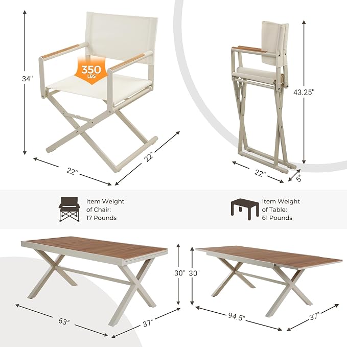 Grand patio 11-Piece Outdoor Dining Set, 10 Extra-Wide Folding Chairs & 1 Rectangle Expandable Table, Sling Mesh Patio Chairs with Wood Grain Table for Yard, Poolside, Deck, 8 Apricot and 2 Gray