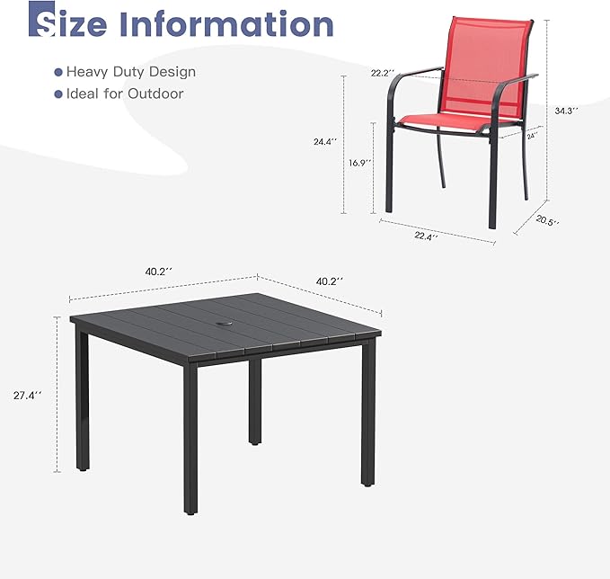 VICLLAX 5 Pieces Patio Dining Set, Patio Furniture Set of 4 Patio Stackable Dining Chairs and Outdoor Metal Square Table with Umbrella Hole for Backyard Lawn Garden, Red Chairs and Black Table