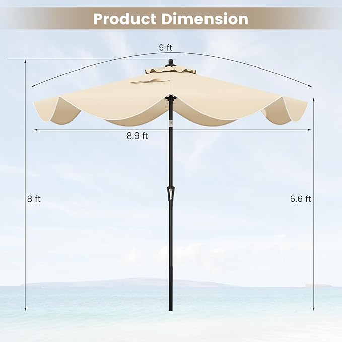 HAPPYGRILL 9 FT Patio Umbrella with Ruffled Edges, Outdoor Table Umbrella with Push Button Tilt, Crank, 8 Ribs, Heavy-Duty Market Sunshade for Yard Garden Pool