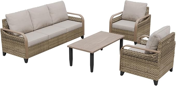 COOS BAY Modern Wicker Outdoor Furniture Set, 4 Piece Patio Conversation Set with 2 Patio Chairs, a 3 Seat Couch and Side Table, 4 Piece, Brown/Gray