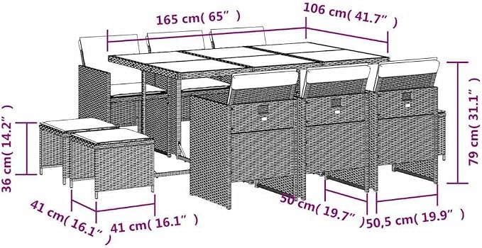 11 pcs Set Modern Garden Dining Set & Dining Table Black Synthetic Poly Rattan Balcony Furniture Dining Set for Garden Terrace Backyard 65.4 x 41.7 x 28.7 in
