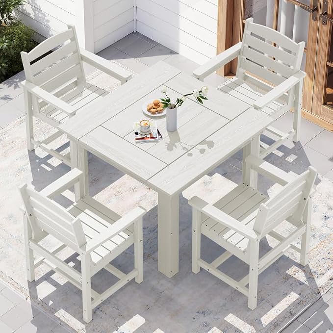 KINGYES 5-Piece HDPE Outdoor Dining Set for 4, Square Patio Table & Armchairs with Umbrella Hole, All-Weather Patio Dining Set for Backyard, Garden, Lawn & Poolside, White