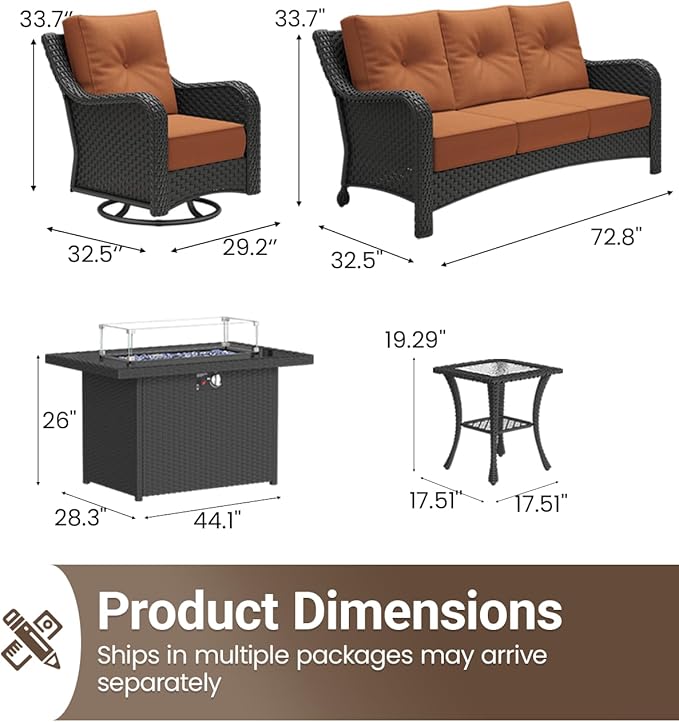 5 Pieces Outdoor Furniture Set with 6-inch Cushions, High Back Wicker Swivel Rocker Chairs with Fire Pit Table, Luxury Conversation Set for Deck Patio and Poolside