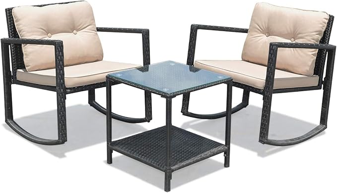 Tangkula 3 Pieces Patio Wicker Rocking Set, Outdoor Rocking Chairs and Table Set with Cushions, Glass Coffee Table with Storage Shelf, Suitable for Patio, Garden, Poolside, Balcony (Beige)