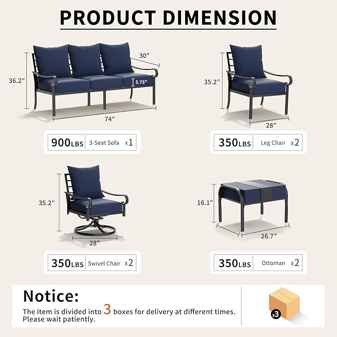 7 Piece Patio Furniture Set, Metal Patio Conversation Set with 1x3 Seater Sofa & 2xFixed Chairs & 2xSwivel Chairs & 2xOttomans, 5.75'' Extra Thick Cushion for Lawn Garden Backyard, Navy Blue