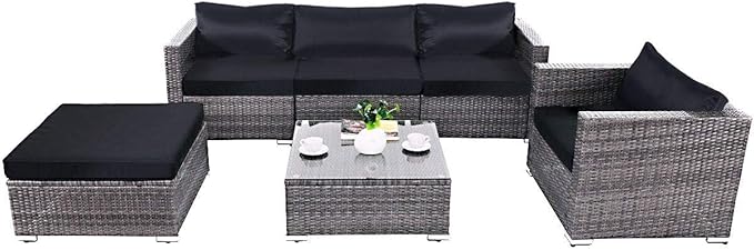 Tangkula 6PC Patio Furniture Set Outdoor Garden Backyard Poolside All Weather PE Rattan Wicker Steel Frame Sectional Cushioned Seat Sofa Conversation Set (Grey)