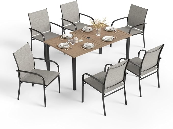 HERA'S HOUSE Patio Table and Chairs for 6, 7 Pieces Outdoor Deck Dining Sets, Wood-Like Rectangular Metal Table Set with Chairs for Lawn Garden Backyard, Brown