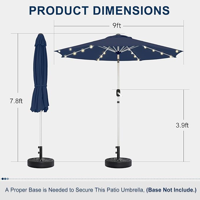 9FT Aluminum Patio Umbrella with 40-LED Solar Lighted, Fade-Resistant Outdoor Market Table Umbrella with Push Button Tilt Function, 8 Sturdy All-Aluminum Ribs for Gardens, Decks, Backyards & Pools