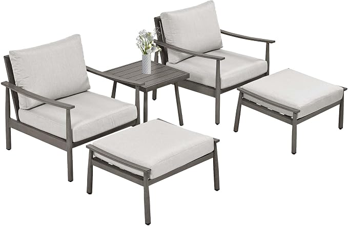 HAPPATIO Aluminum Outdoor Furniture Set - 5 Pieces Patio Furniture Set Includes 1 Side Table, 2 Armchairs and 2 Ottomans with Thick Cushion, Patio Conversation Set for Backyard Deck Poolside (Grey)