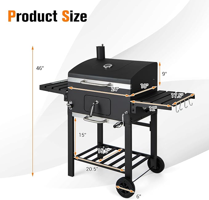 HAPPYGRILL Charcoal Grill, Heavy Duty Cooking Grill with 2 Foldable Side Tables, 8 Hooks, Storage Shelf, 2 Wheels, Flame Control, Outdoor BBQ Grill for Picnic Party Camping Backyard Patio