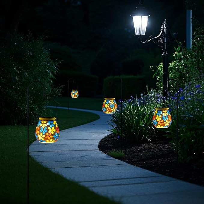 Stargarden 4Pack Mosaic Solar Lanterns, Glass Hanging Lantern Waterproof Outdoor Haning Lights Flower Decorative Table Lamp for Garden ,Patio,Yard Decor