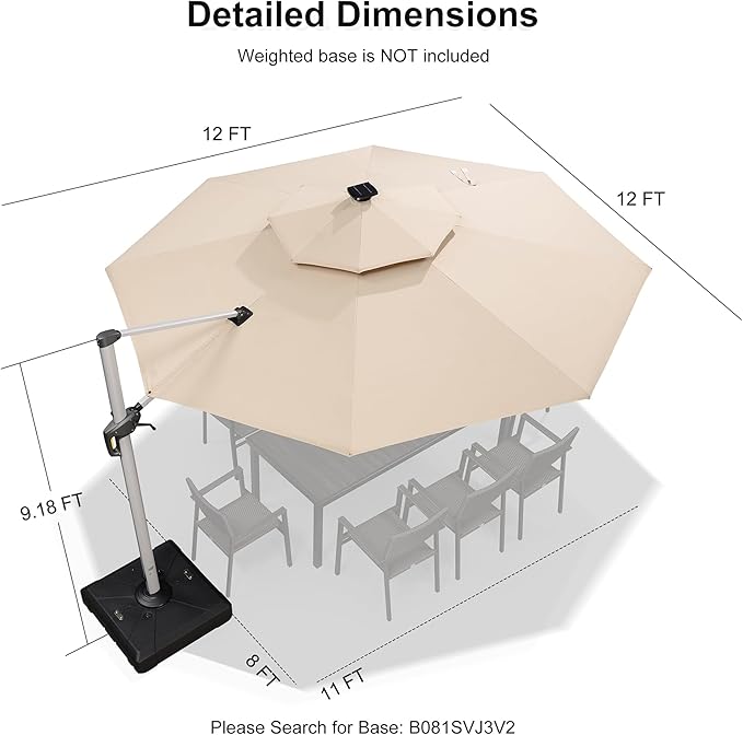 PURPLE LEAF 12ft Solar powered LED Patio Umbrella Outdoor Round Umbrellas Large Cantilever Umbrellas with LED lights Windproof Offset Umbrella Heavy Duty Sun Umbrella for Garden Deck Pool Patio, Beige