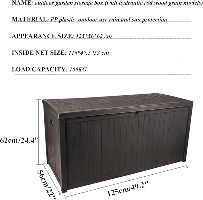 Outdoor Storage Deck Box, 100 Gallon Resin Patio Bin & Bench, Waterproof and Sunproof Patio Storage Box, Wood Grain, Brown