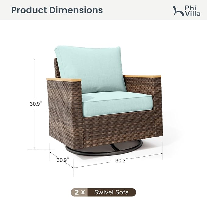 PHI VILLA Wicker Patio Furniture Set with Swivel Chairs, Rattan Sectional Outdoor Couch with Deep Seating for Poolside, Backyard, 2 x Swivel Patio Sofa, Aqua Blue Color