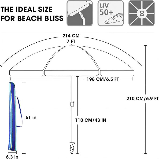 wikiwiki 7ft Beach Umbrella with Sand Anchor & Tilt, UPF 50+ Protection Beach Umbrellas for Sand, with Carry Bag and Hook, for Patio Garden Pool, Dark Blue Stripes