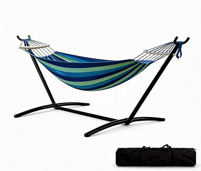 Double Hammock with Steel Stand, Outdoor Portable Hammocks Accommodates with 450Lb Capacity 2 People& Portable Carry Bag for Outside Camping Garden Yard,Dark Blue+ Green
