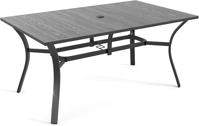 7-Piece Outdoor Dining Set - Rectangular Patio Table with Umbrella Hole and 6 Stackable Dining Chairs All-Weather for Garden, Deck, and Poolside (Black, 63"L x 38"W x 28"H Rectangle Dining Table)