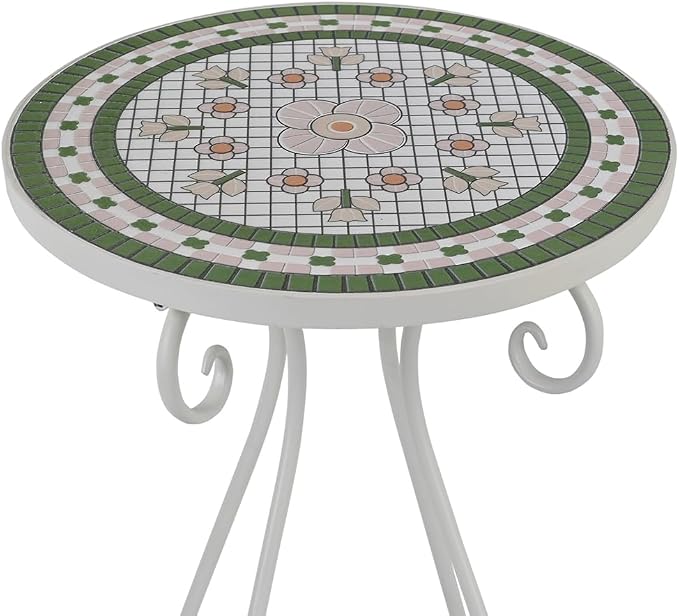 Vintage Outdoor Side Table Round Mosaic Ceramic Tile Top 14" Diameter Metal Plant Stand for Flower Pots Vase Garden Home Porch Pool Indoor Decor Weather Resistant Outside Patio Accent End Furniture