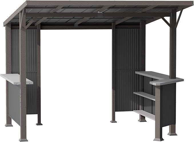 10' x 10' Hardtop Grill Gazebo,Outdoor Galvanized Steel BBQ Lean to Gazebo with 2 Side Shelves,Permanent Hardtop Grill Canopy with Independent Countertop for Patio Backyard Lawn Garden
