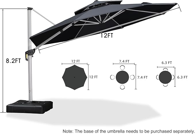 PURPLE LEAF 12 Feet Double Top Round Deluxe Patio Umbrella Offset Hanging Umbrella Outdoor Market Umbrella Garden Umbrella, Grey