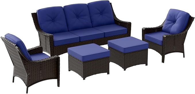Stone Creek Outdoor Furniture Set with Patio Chairs, 3 Seater Couch & Ottomans, Wicker Patio Conversation Set, Balcony Furniture, 5 Piece, Brown/Blue