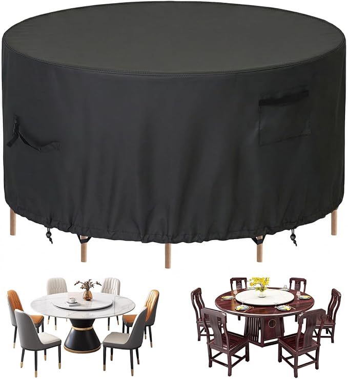 Haige Round Patio Furniture Cover 62" Dia x 34" H, Heavy Duty 600D Waterproof Patio Table Cover Round, Outdoor Furniture Cover Windproof, UV Resistant, with Handles & Air Vents, Black